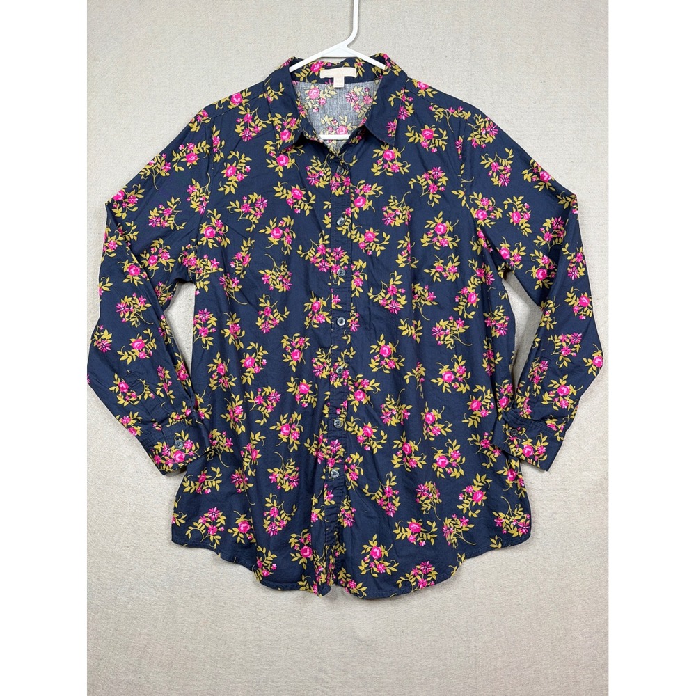 Woman Within Navy Blue Floral Button‎ Up Shirt Womens 18/20 L Cotton Long Sleeve